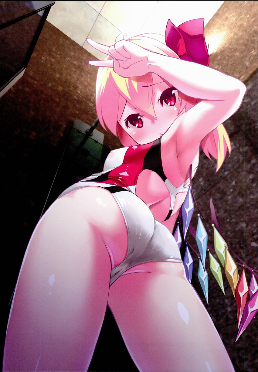 absurdres ass back back_cutout bangs bare_arms blonde_hair blush breasts cameltoe ceiling competition_swimsuit covered_nipples cowboy_shot crystal eyebrows eyebrows_visible_through_hair flandre_scarlet from_below glass hair_between_eyes hair_ribbon highres lamp looking_at_viewer looking_down nipples non-web_source one-piece_swimsuit pout red_eyes ribbon scan short_hair skin_tight small_breasts solo sushoyushi swimsuit tile_ceiling tiles touhou v wings