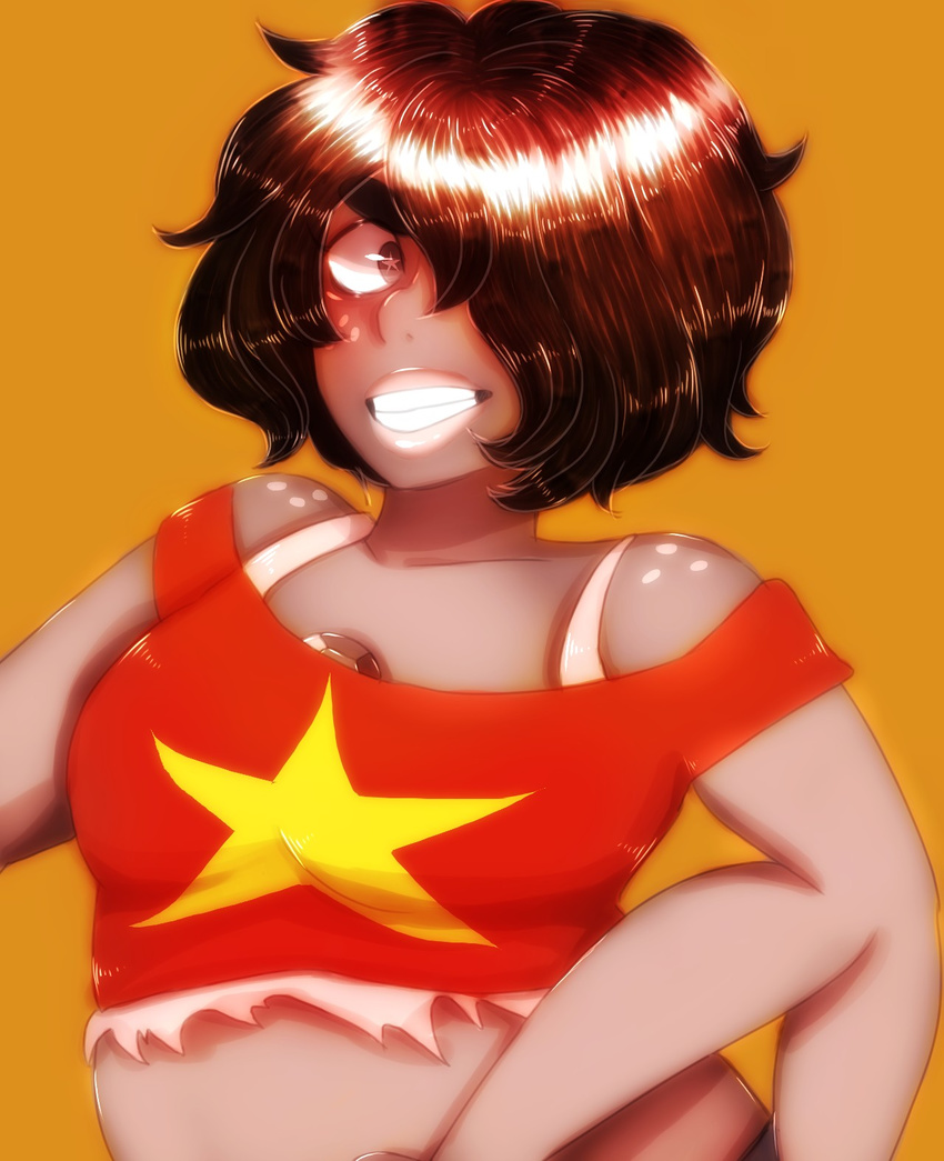 commentary_request extra_arms freckles fusion gem hair_over_one_eye highres midriff off_shoulder shiny shiny_hair shiny_skin short_hair smokey_quartz_(steven_universe) solo steven_universe washiko