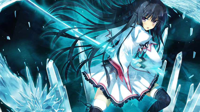 :o aura back black_hair black_legwear blue_background blush bow duel eyebrows eyebrows_visible_through_hair eyes feet_out_of_frame fighting_stance fingers frilled_skirt frills fringe_trim game_cg hair_between_eyes hair_over_one_eye hands holding holding_sword holding_weapon ice kamishiro_touko koiken_otome long_hair looking_at_viewer looking_to_the_side miniskirt open_eyes open_mouth purple_eyes ready_to_draw ribbon school_uniform shirt simple_background skirt solo standing sword tateha_(marvelous_grace) thighhighs tongue v-shaped_eyebrows very_long_hair weapon white_shirt white_skirt zettai_ryouiki