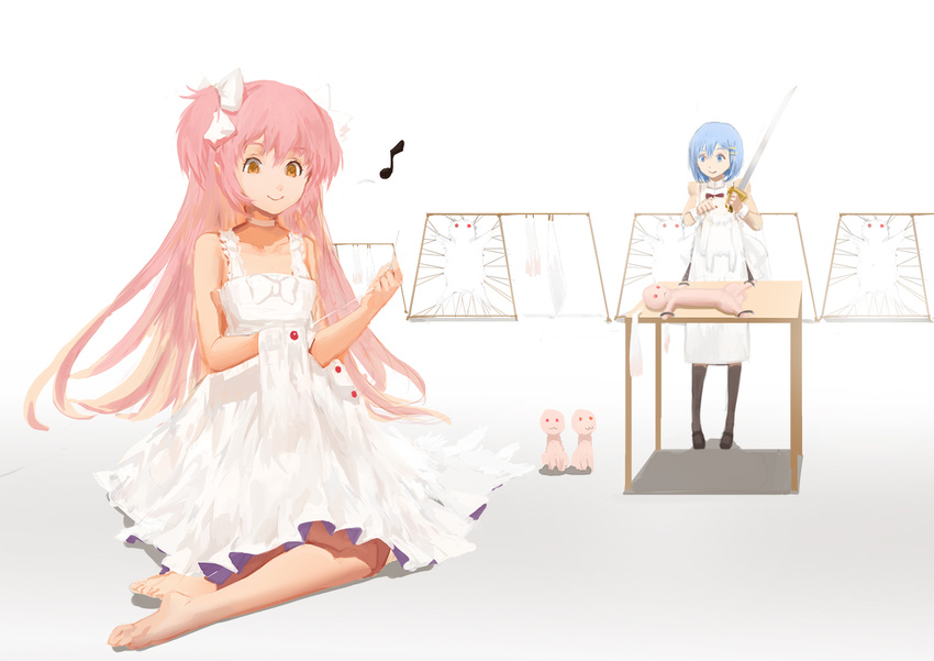 apron barefoot blackrabbitsoul blue_eyes blue_hair bow brown_eyes choker dress eighth_note hair_bow hair_ornament hairclip kaname_madoka kyubey mahou_shoujo_madoka_magica miki_sayaka multiple_girls musical_note pink_hair red_eyes restrained sewing short_hair sitting skinning smile sword table two_side_up ultimate_madoka weapon white_dress