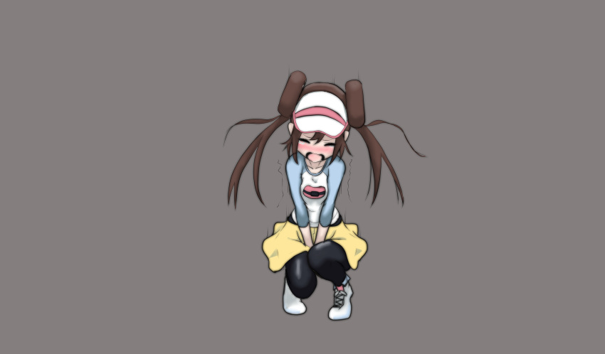 1girl absurdres bangs between_legs black_legwear blue_shirt blush breasts brown_background brown_hair collarbone creatures_(company) double_bun embarrassed eyes_closed female full_body game_freak hand_between_legs hands_together hat have_to_pee highres long_hair mal_(malmlamal) mei_(pokemon) motion_lines nintendo nose_blush open_mouth pantyhose pink_hat pink_legwear poke_ball_symbol poke_ball_theme pokemon pokemon_(game) pokemon_bw2 shirt shoes short_shorts shorts simple_background small_breasts socks solo squatting tears tied_hair tiptoes trembling twintails v_arms visor_cap white_footwear yellow_shorts