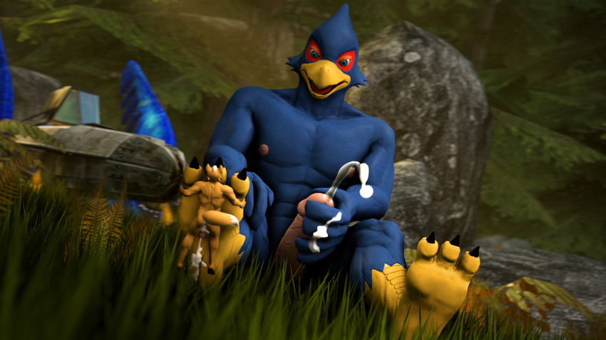 3d_(artwork) abs anthro anthrofied arwing avian big_penis canine cum cum_on_feet digital_media_(artwork) duo falco_lombardi foot_fetish foot_worship footjob forest fox fox_mccloud fox_whisper85 grass hi_res larger_male macro male male/male mammal masturbation micro muscular muscular_male nintendo nipples open_mouth orgasm pecs penile_masturbation penis sex size_difference smaller_male source_filmmaker star_fox talons tongue tree video_games