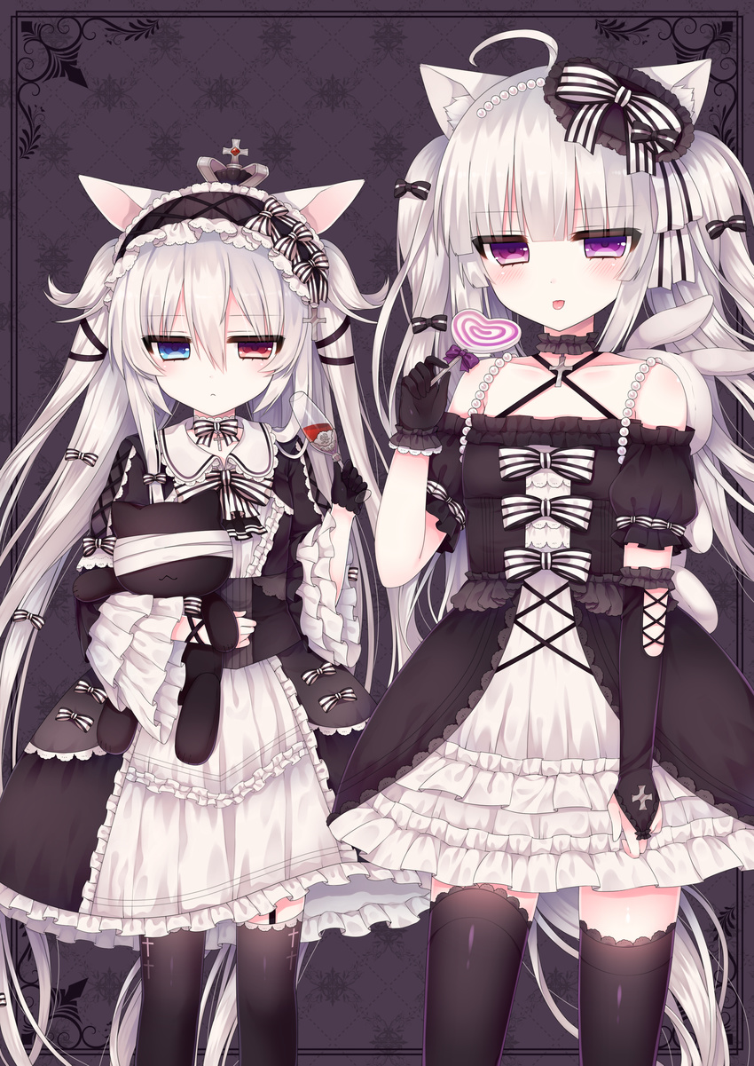 :p absurdres alice_claudia animal_ears black_gloves black_legwear candy cat_ears choker dress food gloves gothic_lolita grey_hair hairband heart heterochromia highres jewelry lolita_fashion lollipop lolo_noel long_hair multiple_girls necklace original thighhighs tongue tongue_out tsukikage_nemu twintails