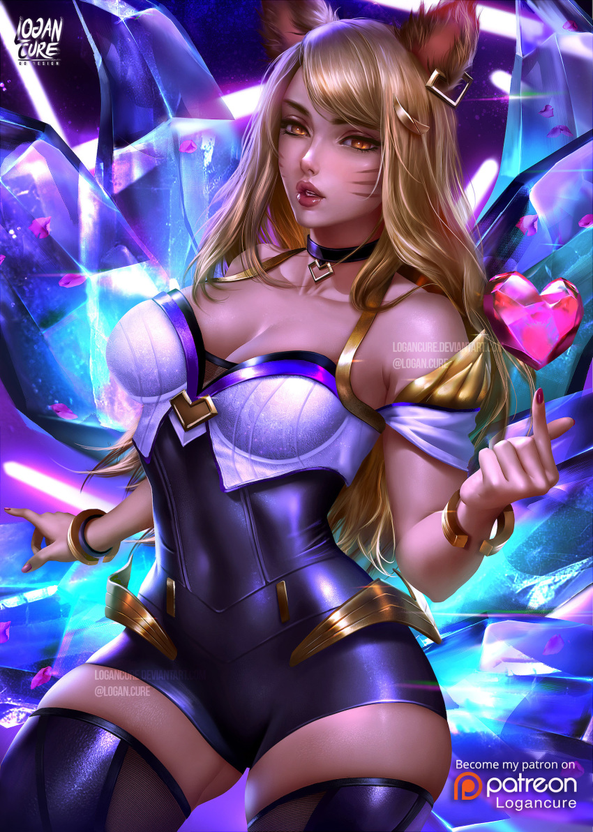 &lt;3 ahri_(lol) animal_humanoid blonde_hair breasts choker cleavage clothed clothing female fox_humanoid hair humanoid league_of_legends legwear logancure mammal riot_games solo thigh_highs video_games