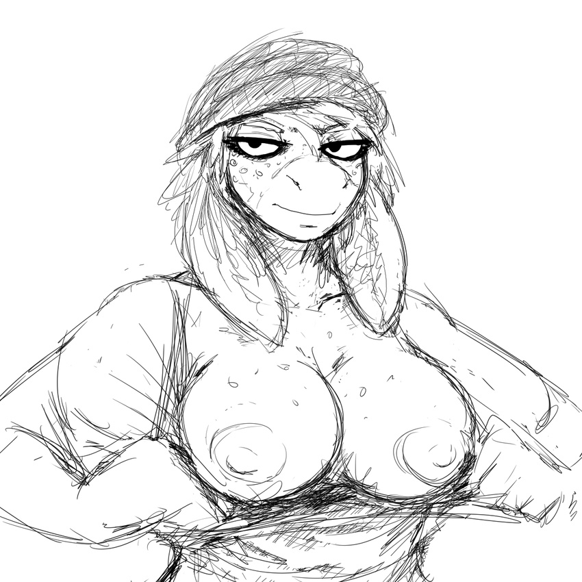 anthro beanie big_breasts black_and_white breasts cleavage clothed clothing donkey equine female flashing hat hladilnik long_ears looking_at_viewer mammal monochrome nipples shirt solo tongue tongue_out