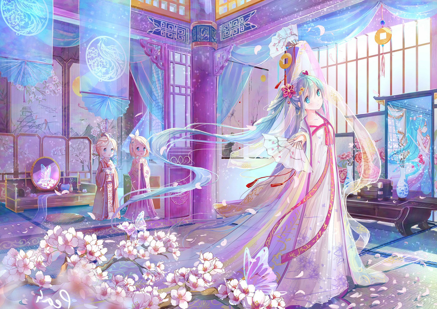 2girls absurdly_long_hair aqua_eyes aqua_hair arm_up blonde_hair bug butterfly cherry_blossoms child chinese_clothes coin_(ornament) couch curtains dancing different_reflection dual_wielding fan floating_hair folding_fan folding_screen hair_ornament hairclip hanfu hatsune_miku highres holding indoors insect kagamine_len kagamine_rin long_hair mirror multiple_girls outstretched_arm peas_(peas0125) reflection see-through shawl standing tatami twintails vase very_long_hair vocaloid