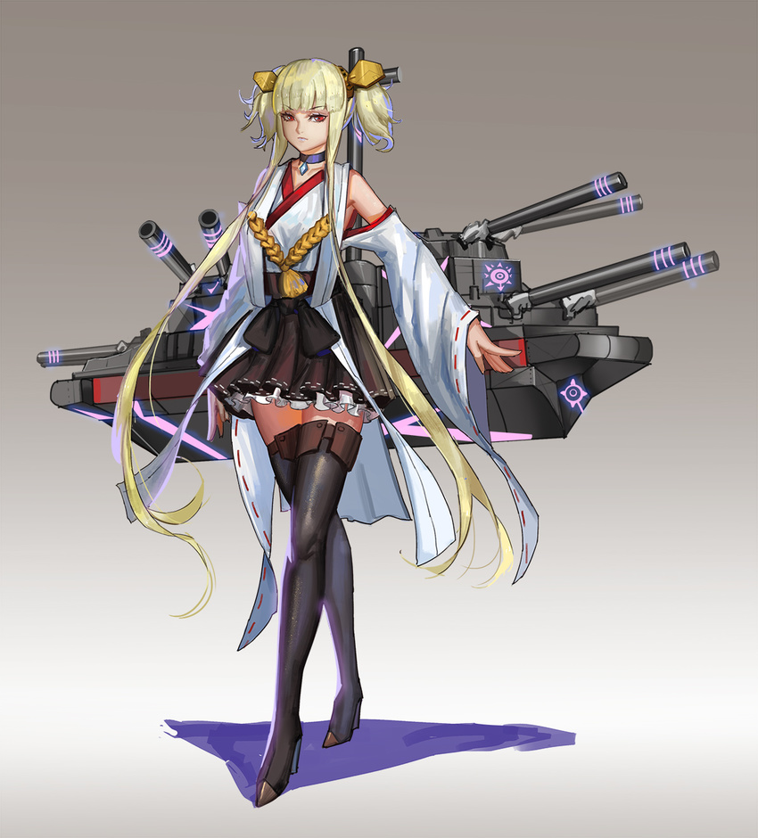 alternate_costume aoki_hagane_no_arpeggio arms_at_sides bangs black_footwear black_legwear black_skirt blonde_hair boots breasts cannon choker closed_mouth cosplay crossed_legs detached_sleeves eyebrows eyebrows_visible_through_hair eyelashes full_body gem gradient gradient_background grey_background hair_ornament hairband hakama highres japanese_clothes kantai_collection kongou_(aoki_hagane_no_arpeggio) kongou_(kantai_collection) kongou_(kantai_collection)_(cosplay) long_hair looking_at_viewer machinery miniskirt namesake nontraditional_miko pleated_skirt red_eyes red_ribbon ribbon ribbon-trimmed_skirt ribbon-trimmed_sleeves ribbon_trim rope sidelocks sk_tori skirt small_breasts solo standing thigh_boots thighhighs twintails watson_cross white_ribbon wide_sleeves zettai_ryouiki