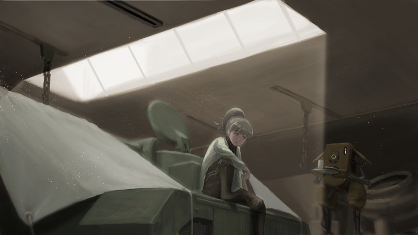 armored_vehicle boots chain commentary_request completion_time cup dust dust_particles furukawa_herzer garage green_eyes grey_hair ground_vehicle hatch high_ponytail highres holding holding_tray hook indoors knee_up long_hair looking_at_another military military_vehicle open_hatch original pants ponytail robot sitting skylight tarpaulin track_pants tray