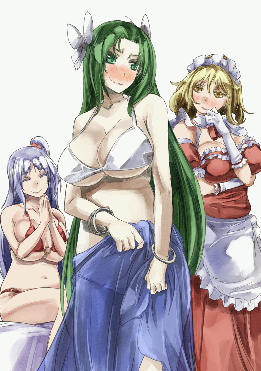 ^_^ bare_shoulders bikini blonde_hair blush bracelet breast_hold breasts closed_eyes commentary_request detached_collar embarrassed gloves green_eyes green_hair hair_ribbon highres jewelry large_breasts long_hair maid maid_headdress mima multiple_girls navel no_hat no_headwear o-ring o-ring_bikini pale_skin red_bikini ribbon sarong see-through shinki short_hair side_ponytail silver_hair smile swimsuit touhou touhou_(pc-98) wavy_mouth white_bikini white_gloves yellow_eyes yohane yumeko