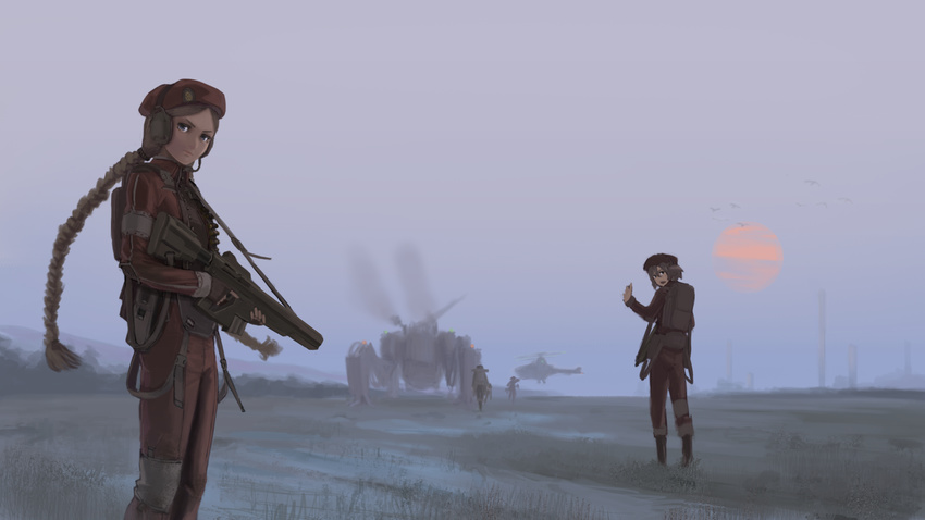 aircraft backpack bag beret bird boots braid brown_hair cloud commentary_request completion_time dark_skin exhaust field fog furukawa_herzer grass gun hat helicopter highres holding holding_gun holding_weapon jumpsuit long_braid long_hair looking_at_viewer looking_back mecha moon morning multiple_girls original red_moon rifle science_fiction tower trigger_discipline twin_braids uniform very_long_hair water weapon