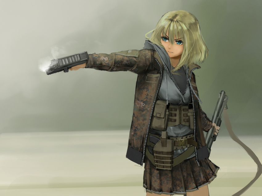 aqua_eyes belt_pouch blonde_hair coat commentary_request completion_time digital_camouflage furukawa_herzer gangsta_hold glaring gun highres holster kriss_vector long_hair looking_to_the_side open_clothes open_coat original pouch shotgun simple_background skirt smoke smoking_gun solo submachine_gun weapon zipper