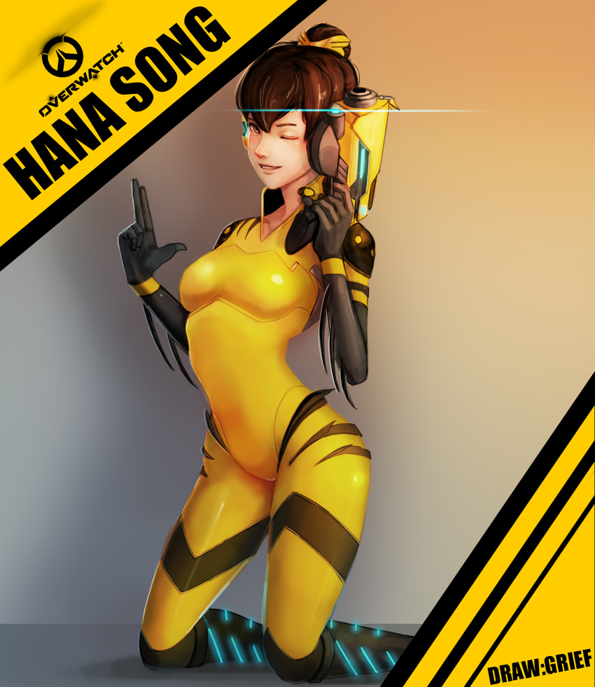 alternate_costume alternate_hairstyle b.va_(overwatch) bodysuit brown_hair character_name d.va_(overwatch) finger_gun grief gun hair_bun handgun highres kneeling lens_flare looking_at_viewer overwatch solo weapon yellow_bodysuit