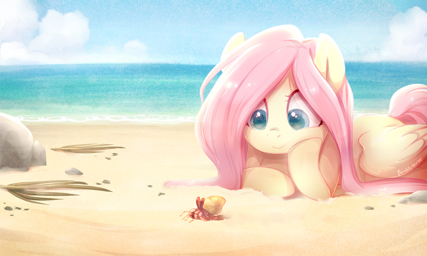 2016 beach cloud cute day equine female feral fluttershy_(mlp) friendship_is_magic hair hermit_crab jumblehorse long_hair lying mammal my_little_pony on_front outside pegasus pink_hair sea seaside sky smile water wings