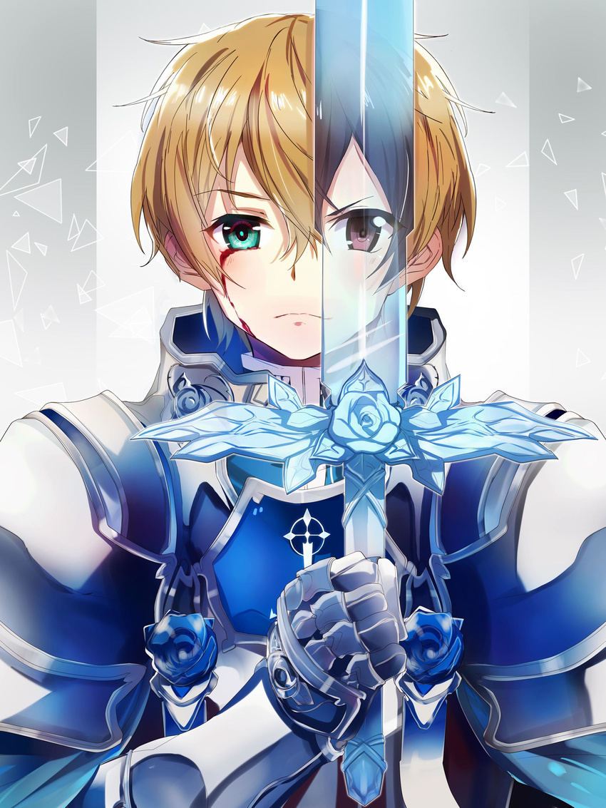 absurdres black_eyes black_hair blood blood_on_face blue_rose_sword brown_hair eugeo gauntlets highres holding holding_sword holding_weapon kagura_kurosaki kirito male_focus mirrored shoulder_armor solo spaulders sword sword_art_online weapon