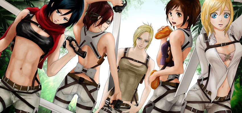 abs annie_leonhardt artist_request black_hair blonde_hair blue_eyes blush breasts brown_eyes brown_hair christa_renz cleavage eating glasses hange_zoe highres holding holding_sword holding_weapon looking_at_viewer midriff mikasa_ackerman multiple_girls navel open_clothes open_mouth open_shirt paradis_military_uniform red_scarf sasha_braus scarf shingeki_no_kyojin shirt short_hair small_breasts sword uniform weapon white_shirt