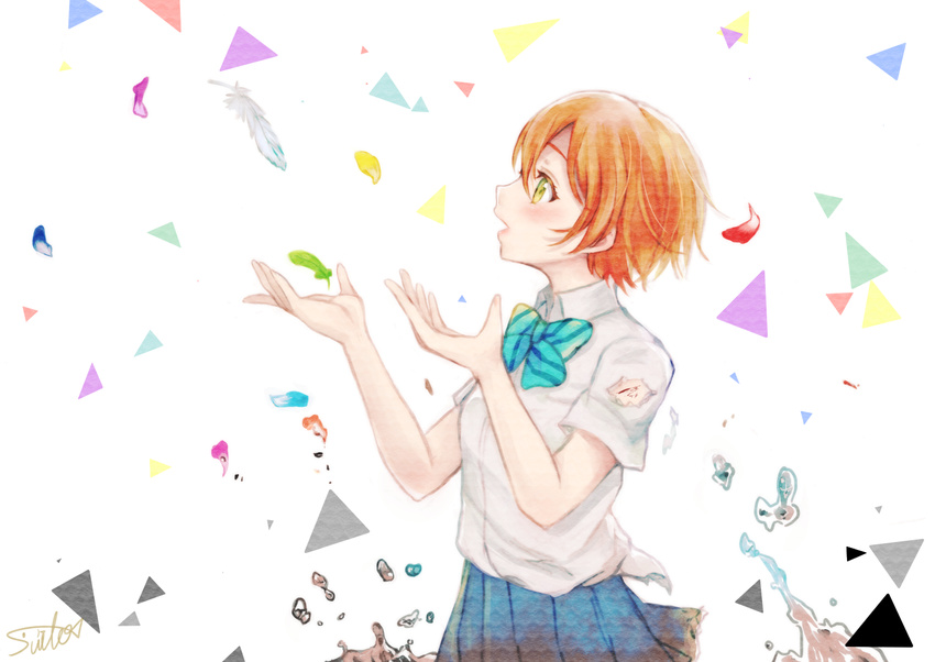 blood bow bowtie collared_shirt cupping_hands droplet feathers from_side green_eyes hoshizora_rin large_hands love_live! love_live!_school_idol_project open_mouth orange_hair pleated_skirt scratches shirt short_hair short_sleeves skirt solo suito torn_clothes torn_sleeves triangle white_shirt