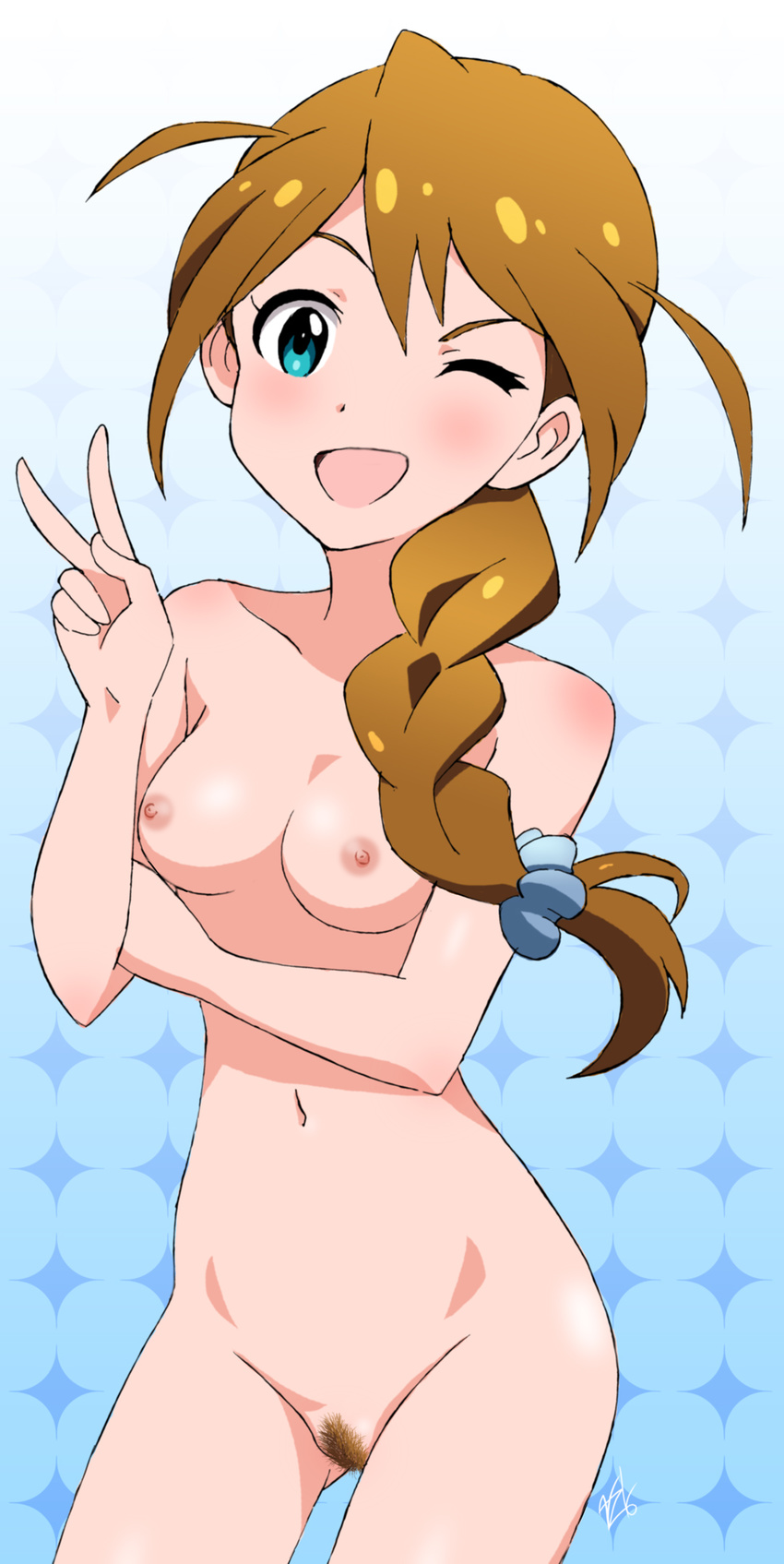 1girl baba_konomi blue_background blush breasts brown_hair female gradient gradient_background green_eyes halftone_background idolmaster idolmaster_million_live! long_hair looking_at_viewer navel nipples nude pubic_hair signature solo sparkle sparkle_background vzmk2 white_background