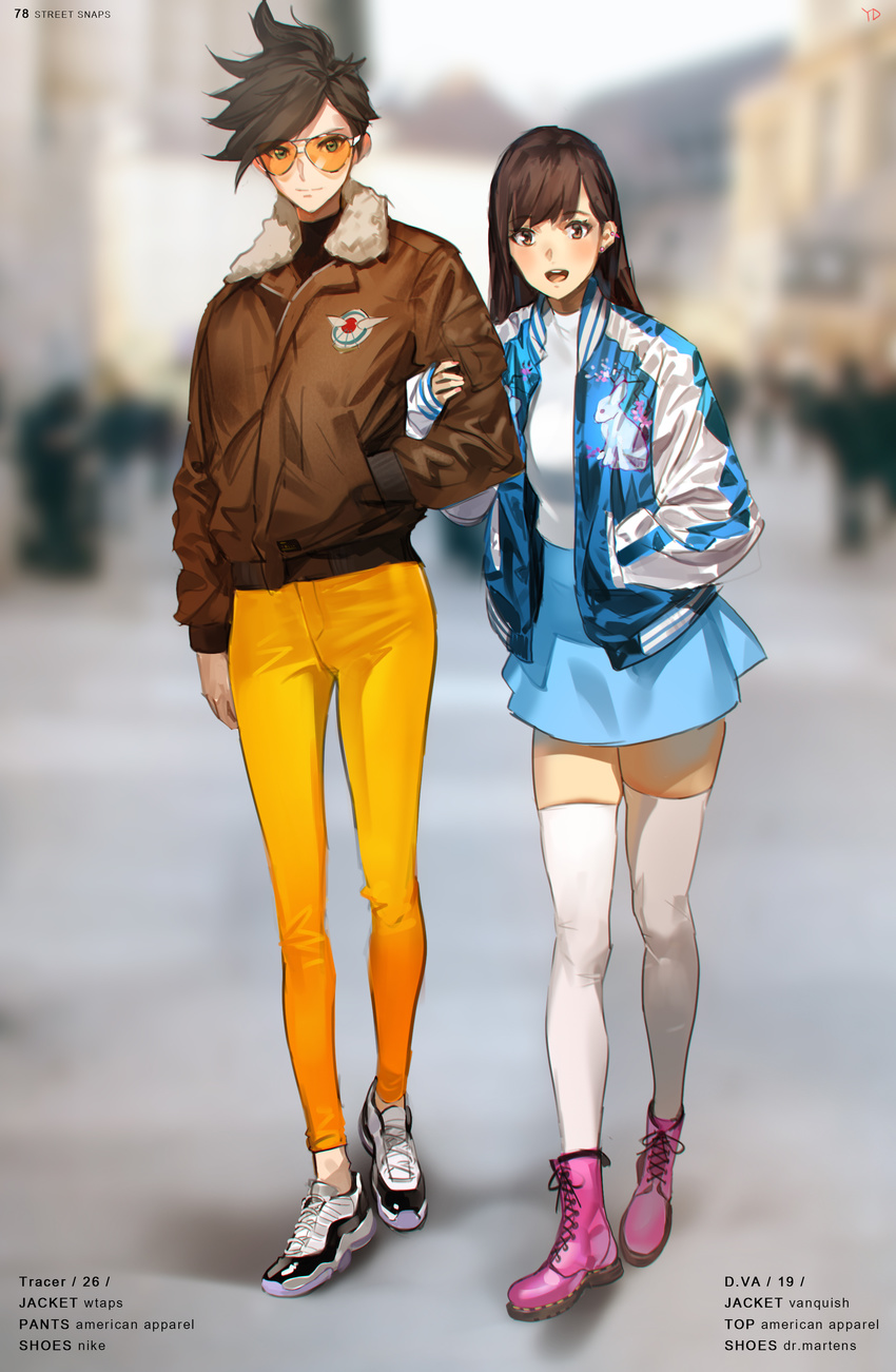 2girls absurdres adapted_costume alternate_costume arm_hug artist_name bangs blue_skirt bomber_jacket boots brown_eyes brown_hair brown_jacket bunny_print casual character_name d.va_overwatch ear_piercing fingernails fur-trimmed_jacket fur_collar fur_trim green_eyes hand_in_pocket hand_on_another's_arm high-waist_skirt high_collar highres jacket long_hair long_sleeves looking_at_viewer multiple_girls nail_polish open_mouth overwatch pants piercing pink_boots pink_nails shoes short_hair skirt smile spiked_hair standing sunglasses thighhighs tracer_overwatch turtleneck white_legwear yang-do yellow_pants zettai_ryouiki