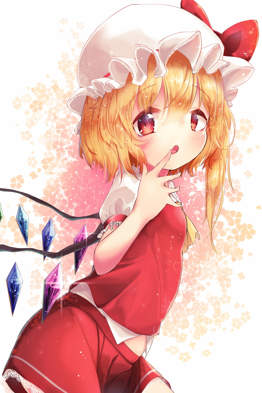 akisha ascot bad_id bad_pixiv_id blonde_hair bow flandre_scarlet hat hat_bow highres lying mob_cap open_mouth red_eyes side_ponytail solo sparkle touhou wings