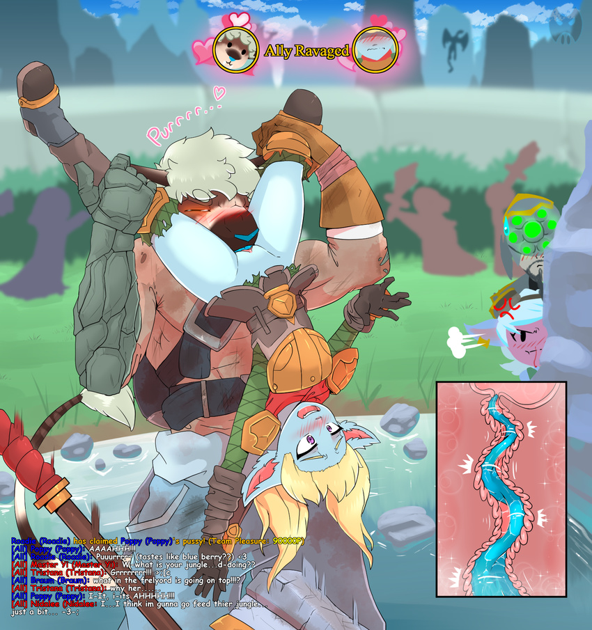 &lt;3 2016 anthro armor armwear blonde_hair blood blue_nose blue_skin blue_tongue blush boots bottomless clothed clothing cloud cunnilingus day dialogue dragon english_text eyes_closed eyewear feline female footwear fur gloves goggles grass group hair hi_res human humanoid internal league_of_legends licking long_hair male male/female mammal master_yi_(lol) nosebleed open_mouth oral outside poppy_(lol) purple_eyes pussy river roadiesky rock scalie sex simple_background size_difference sky spreading standing suspension sweat sweatdrop teeth text tongue tongue_out tristana_(lol) upside_down vaginal video_games water weapon white_hair wings yordle