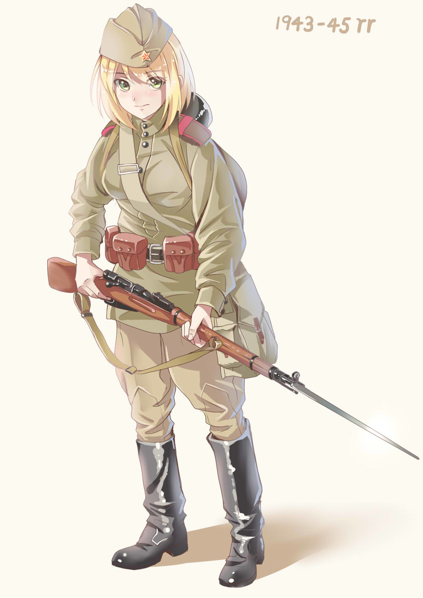 backlighting bag bayonet belt black_footwear blonde_hair bolt_action boots commentary epaulettes finger_on_trigger full_body garrison_cap green_eyes gun hammer_and_sickle hat highres holding holding_gun holding_weapon knee_boots longmei_er_de_tuzi military military_uniform mosin-nagant original pouch red_star rifle russia russian satchel short_hair simple_background sling soldier solo soviet uniform wavy_mouth weapon white_background world_war_ii