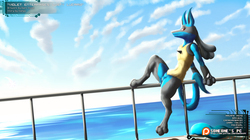 2018 anthro balcony black_fur blue_fur bottomless canine clothed clothing dark_violet exhibitionism female fur lucario mammal nintendo nude outside pants pok&eacute;mon pok&eacute;mon_(species) pussy pussy_juice pussy_juice_string railing sea solo undressed video_games water