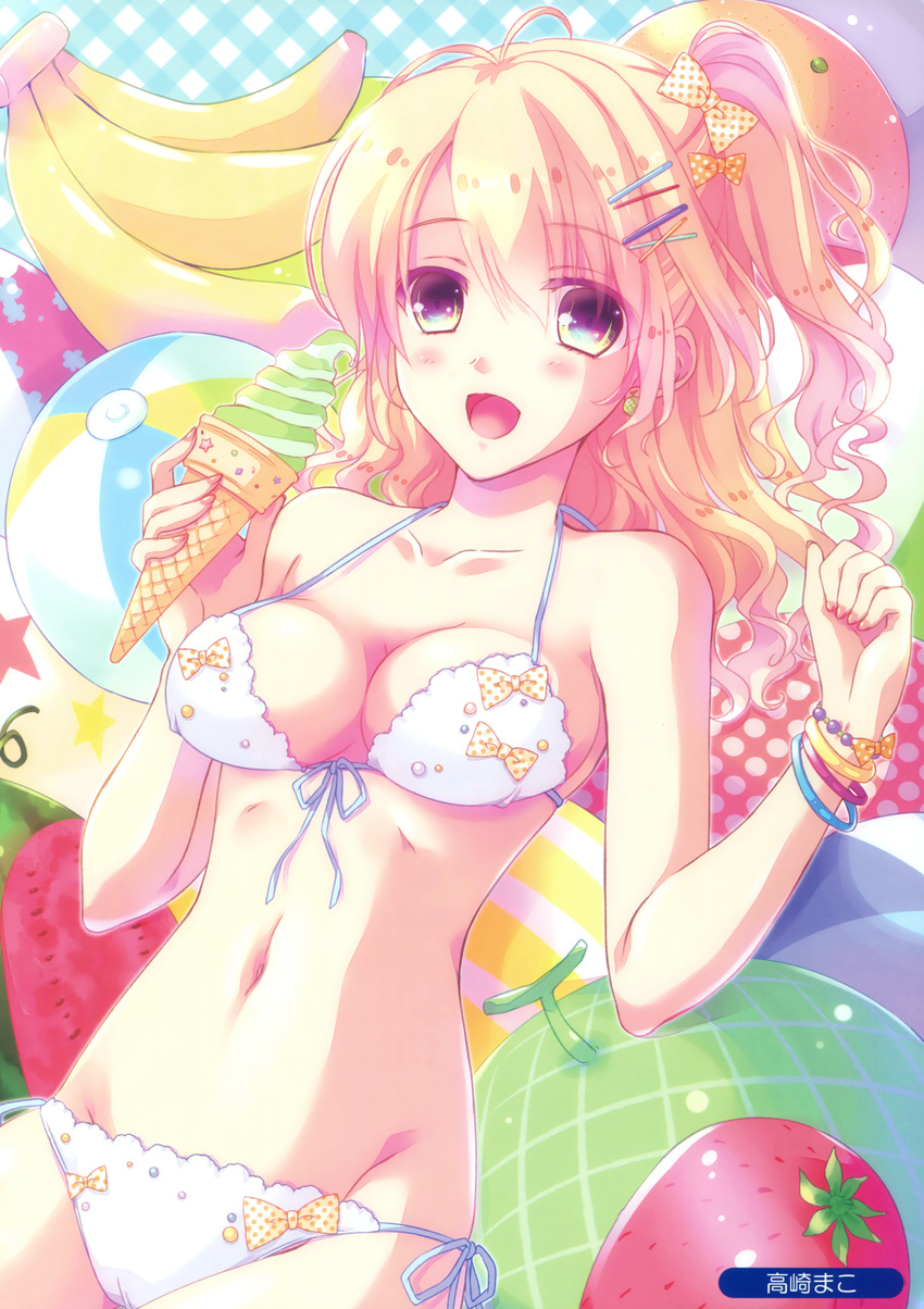 absurdres ball banana beachball bikini blonde_hair breasts food fruit green_eyes highres ice_cream long_hair medium_breasts melon melonbooks multicolored multicolored_eyes navel orange purple_eyes smile solo star strawberry swimsuit takasaki_mako watermelon