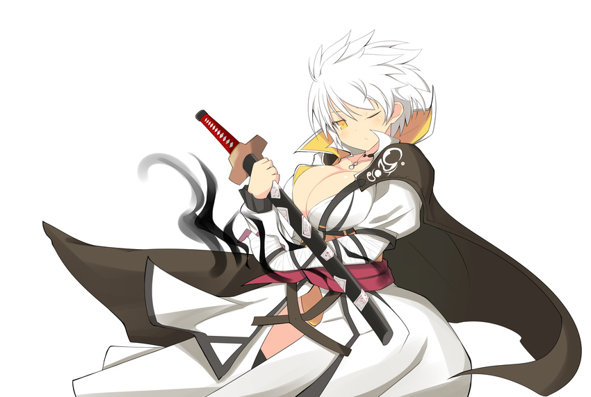 &gt;:( ;( asymmetrical_sleeves bandaged_arm bandages black_cape blush breasts cape cleavage commentary_request cowboy_shot darkness frown high_collar highres jacket jewelry katana large_breasts long_sleeves looking_at_viewer miyabi_(senran_kagura) necklace official_style one_eye_closed puffy_short_sleeves puffy_sleeves sash scabbard senran_kagura senran_kagura_shinovi_versus sheath sheathed short_hair short_sleeves solo sword tenpesuto v-shaped_eyebrows weapon white_background white_hair white_jacket yellow_eyes