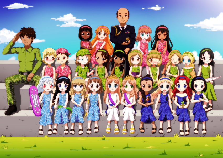 1boy 1girl bald bbmbbf black_hair blonde_hair blue_eyes brown_eyes brown_hair child cloud dress green_eyes hairband lots_of_characters man original_character outdoors pink_eyes red_hair sandals sky smile socks uniform white_hair