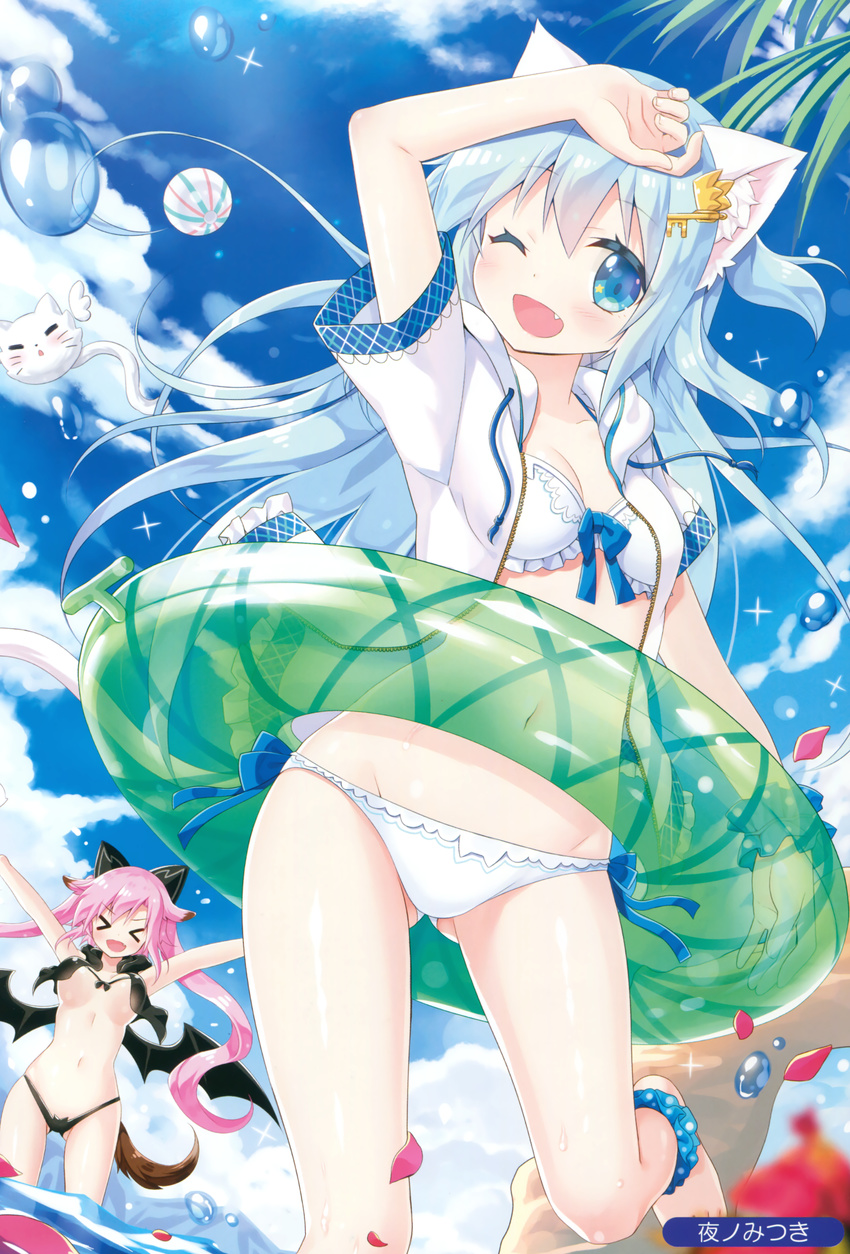 &gt;_&lt; :d ;d \o/ absurdres animal_band animal_ears ankle_scrunchie aqua_eyes aqua_hair arms_up artist_name ball barefoot bat_wings beachball bikini black_bikini blue_bow blue_ribbon bow breasts cat_ears cat_tail cleavage closed_eyes cloud creature day dog_ears dog_tail fang frilled_bikini frills front-tie_top green_innertube hand_on_own_head highres hood hoodie innertube jacket jacket_over_swimsuit key_hair_ornament lily_(yano_mitsuki) medium_breasts mint_(yano_mitsuki) multiple_girls navel one_eye_closed open_clothes open_hoodie open_mouth original outdoors outstretched_arms petals pink_hair plaid_trim polka_dot polka_dot_scrunchie ribbon scan scrunchie side-tie_bikini sky sleeveless sleeveless_hoodie small_breasts smile swimsuit tail twintails two_side_up underboob v-shaped_eyebrows wading water water_drop white_bikini wings yano_mitsuki