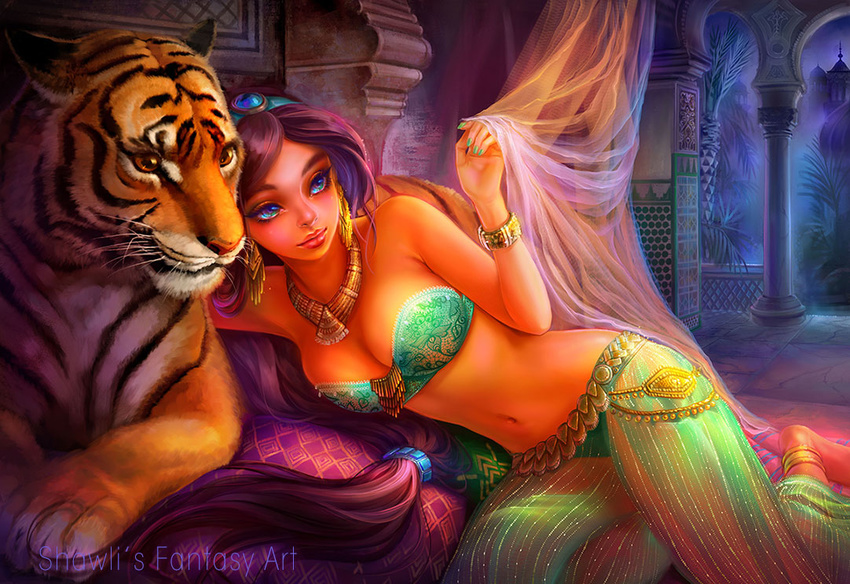 aladdin_(disney) anklet arabian_clothes artist_name barefoot bikini_top blue_eyes bracelet breasts closed_mouth dark_skin english fantasy harem_outfit harem_pants jasmine_(disney) jewelry large_breasts lying md5_mismatch midriff navel on_side pants pet purple_hair rajah_(disney) resized shawli smile tiger transparent_harem_pants upscaled