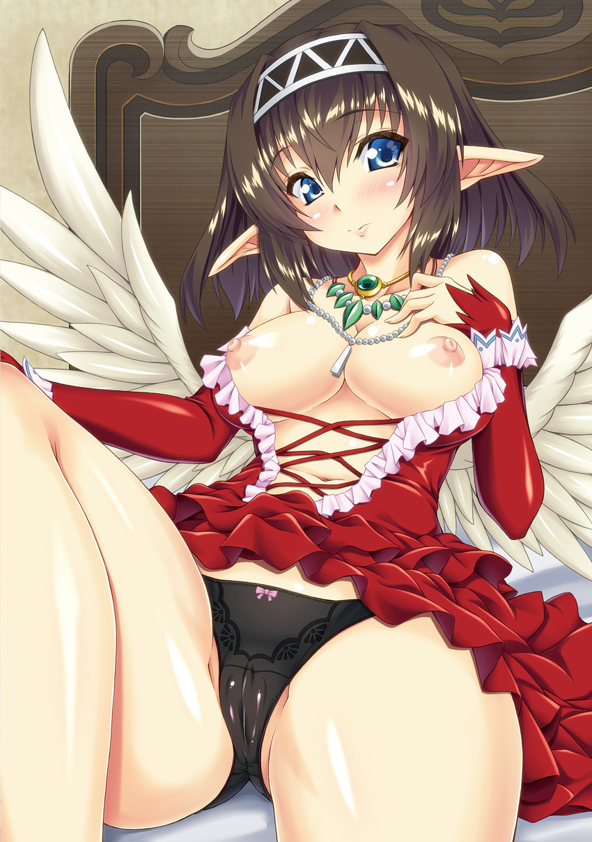 breast_hold breasts cameltoe dress gekato nipples no_bra open_shirt pantsu pointy_ears wings