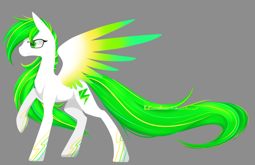 alphaaquilae cutie_mark equine eyelashes fan_character feathered_wings feathers feral gradient_feathers green_eyes green_hair hair hooves mammal my_little_pony pegasus simple_background smile solo standing wings