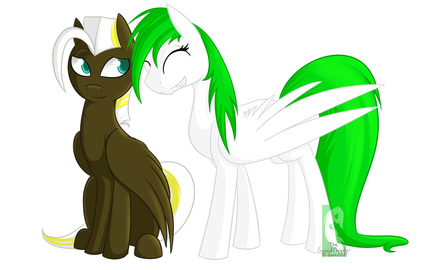 alphaaquilae blue_eyes brown_feathers brown_fur duo equine eyes_closed fan_character feathered_wings feathers female feral fur green_hair hair hooves male mammal my_little_pony pegasus simple_background sitting smile standing white_feathers white_fur white_hair wings