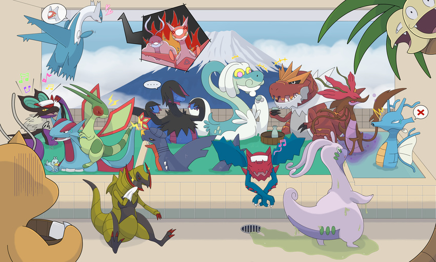 alolan_exeggutor alolan_form altaria bath bathhouse bathtub bird covered_eyes dragalge dragon dragonite drampa druddigon duck ducklett exeggutor flygon garchomp gen_1_pokemon gen_2_pokemon gen_3_pokemon gen_4_pokemon gen_5_pokemon gen_6_pokemon gen_7_pokemon goodra green_eyes haxorus highres hydreigon kingdra latias latios legendary_pokemon looking_at_another mount_fuji natsume_(kan_natsu) no_humans noivern onsen pokemon pokemon_(creature) regional_variant salamence slime sparkle spoken_ellipsis tyrantrum video_game water