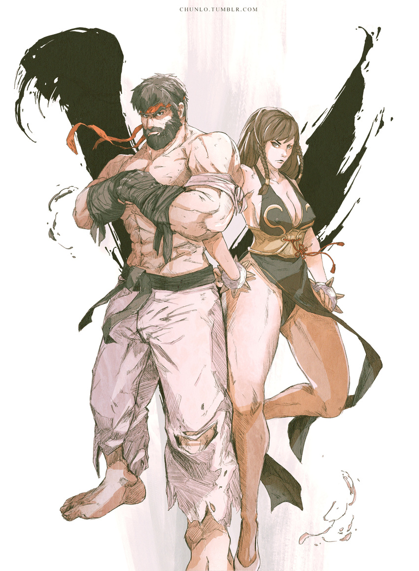 1girl absurdres alternate_costume alternate_hairstyle artstation_sample beard black_hair brown_hair chun-li chun_lo facial_hair headband highres image_sample muscle ryuu_(street_fighter) shirtless side-by-side street_fighter street_fighter_v