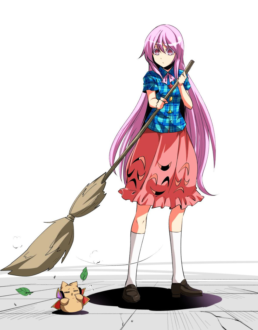 animalization bird black_footwear broom bubble_skirt closed_mouth commentary_request expressionless full_body hata_no_kokoro highres kakao_(noise-111) leaf loafers long_hair looking_at_another pink_eyes pink_hair pink_skirt plaid plaid_shirt shirt shoes short_sleeves sidelocks skirt socks sweeping touhou toyosatomimi_no_miko very_long_hair white_legwear