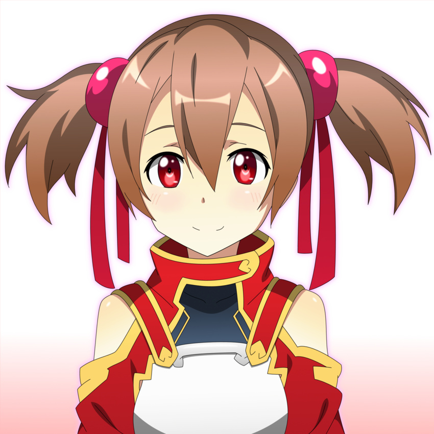 breastplate brown_hair hair_between_eyes highres looking_at_viewer red_eyes red_ribbon ribbon short_twintails silica smile solo spiceg sword_art_online twintails upper_body