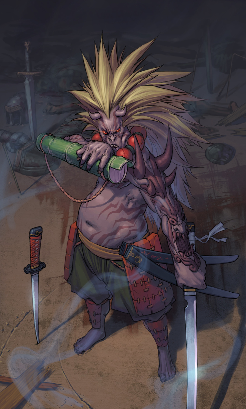 4th_apostle_conqueror_kasijas blonde_hair dnf dungeon_and_fighter horns katana long_hair monster no_humans oni sheath sword weapon
