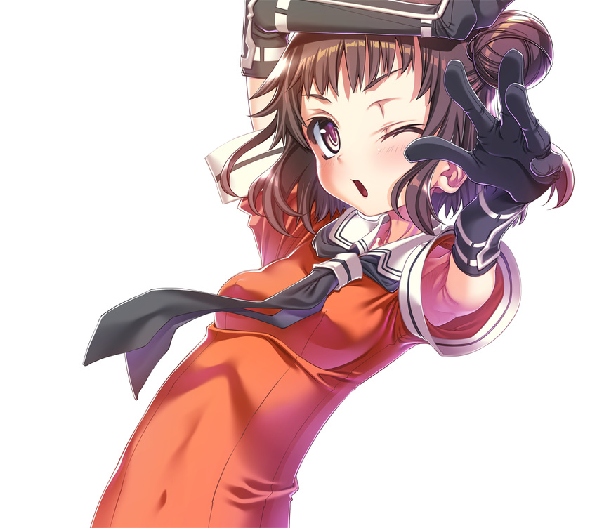 antenna_hair arm_up armpit_peek bangs black_gloves blush brown_eyes brown_hair commentary_request covered_navel double_bun face gloves kantai_collection looking_at_viewer naka_(kantai_collection) neckerchief one_eye_closed open_mouth sakuya_tsuitachi school_uniform serafuku short_hair simple_background solo up_sleeve upper_body