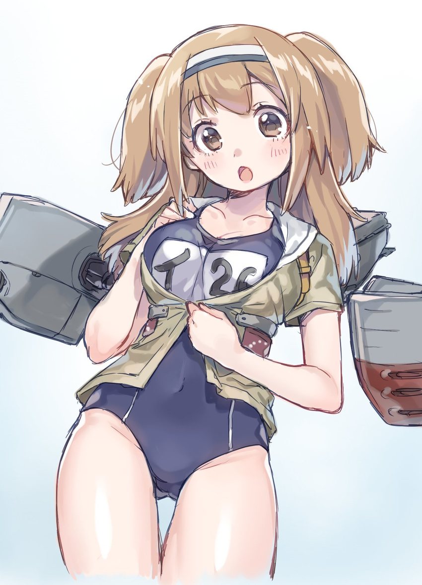 :o blue_background blush breasts cleavage clothes_writing collarbone covered_nipples hairband highres i-26_(kantai_collection) kantai_collection light_brown_hair long_hair machinery medium_breasts name_tag new_school_swimsuit one-piece_swimsuit open_mouth rojiko sailor_collar school_swimsuit short_sleeves simple_background solo swimsuit swimsuit_under_clothes two-tone_hairband two_side_up