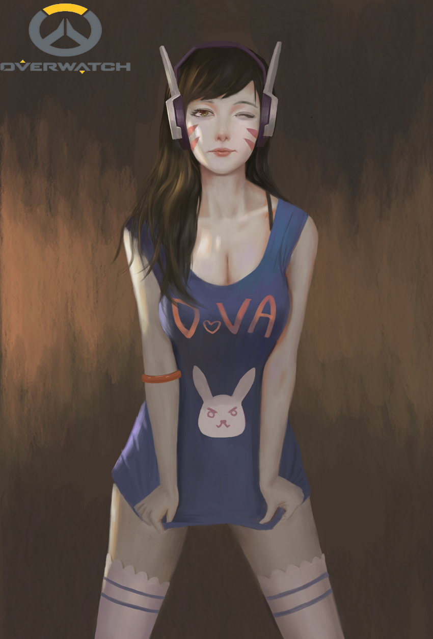 1girl ; absurdres armlet bangs bare_shoulders breasts brown_eyes brown_hair character_name cleavage closed_mouth clothes_writing collarbone copyright_name cowboy_shot d.va_overwatch emblem eyelashes headphones heart highres large_breasts leaning_forward lips lipstick logo long_hair looking_at_viewer makeup one_eye_closed overwatch pink_lips pink_lipstick shirt shirt_only shirt_pull sleeveless sleeveless_shirt smile solo swept_bangs thighhighs white_legwear