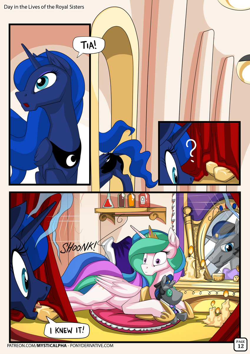 ? blue_eyes blue_hair comic cutie_mark english_text equine feathered_wings feathers female feral friendship_is_magic hair horn inside lying mammal multicolored_hair my_little_pony mysticalpha pink_eyes princess_celestia_(mlp) princess_luna_(mlp) standing text white_feathers winged_unicorn wings