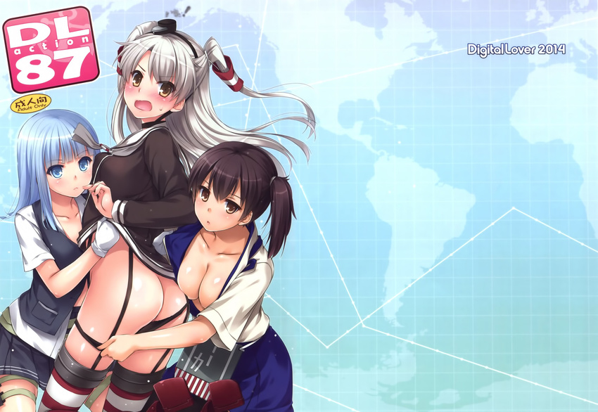 2014 3girls :o amatsukaze_(kantai_collection) ass assisted_exposure asymmetrical_hair bangs black_hat black_panties black_skirt black_vest blue_eyes blue_hair blue_skirt blunt_bangs blush breast_press breasts brown_eyes brown_hair brown_shirt cleavage collarbone embarrassed expressionless from_behind garter_straps girl_sandwich gloves hairband hat hatsukaze_(kantai_collection) highres japanese_clothes kaga_(kantai_collection) kantai_collection kimono kneeling large_breasts lifted_by_another long_hair long_sleeves map mini_hat multiple_girls nakajima_yuka open_clothes open_mouth open_vest panties panty_pull pleated_skirt pulled_by_another sandwiched shirt shirt_lift short_hair short_sleeves side_ponytail skirt smoke sweatdrop thigh_strap thighhighs underwear vest white_gloves white_shirt yuri