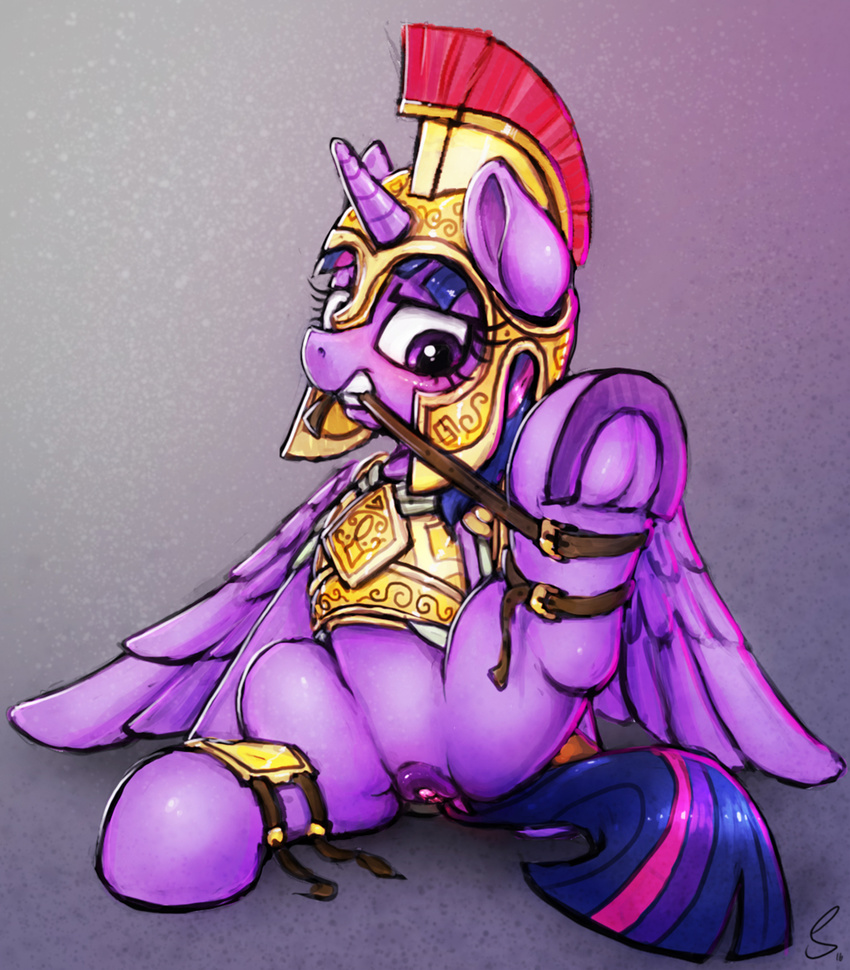 2016 armor dock equine eyelashes feathered_wings feathers female feral friendship_is_magic hair helmet hi_res hooves horn mammal my_little_pony purple_eyes pussy selenophile solo spread_legs spreading twilight_sparkle_(mlp) underhoof winged_unicorn wings