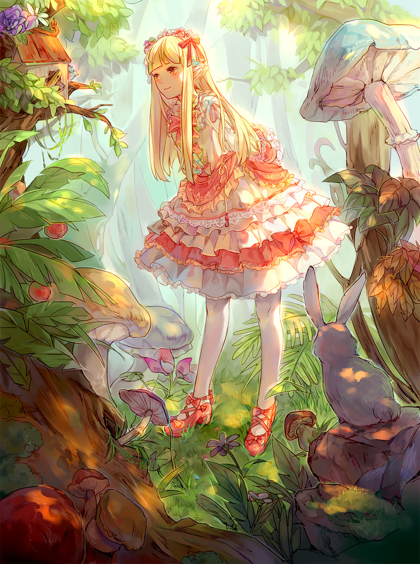 arms_behind_back berries bird birdhouse blonde_hair bunny closed_mouth day dress flower forest full_body headdress highres leaning_forward lolita_fashion long_hair looking_at_another mary_janes mushroom nature orange_eyes original outdoors pantyhose pink_footwear plant pointy_ears shell_(wwwtrista) shoes smile solo standing sweet_lolita white_legwear