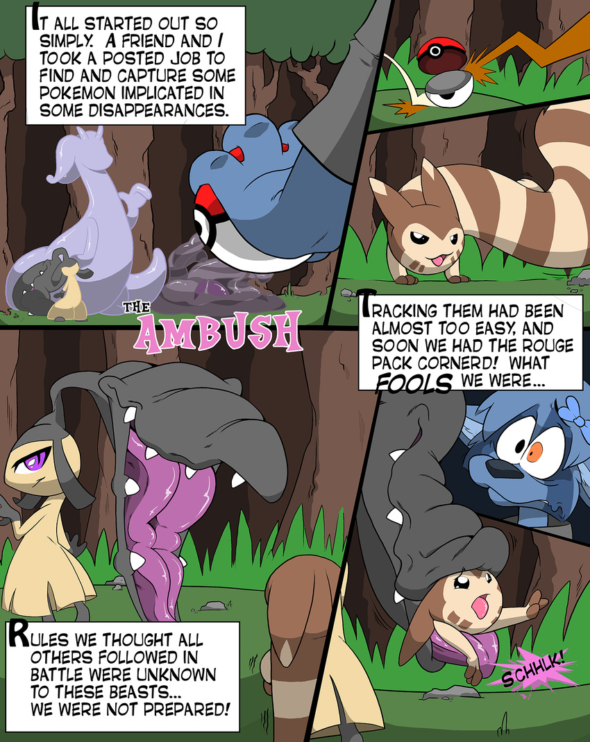 ambiguous_gender anthro comic dragon english_text feet_first feral forest furret gaping_mouth goodra group hair_bow hair_ribbon mammal mawile muk nintendo oral_vore pok&eacute;mon purple_eyes raccoon ribbons sharp_teeth slit_pupils sound_effects tacokurt teeth text tongue tongue_out tree video_games vore