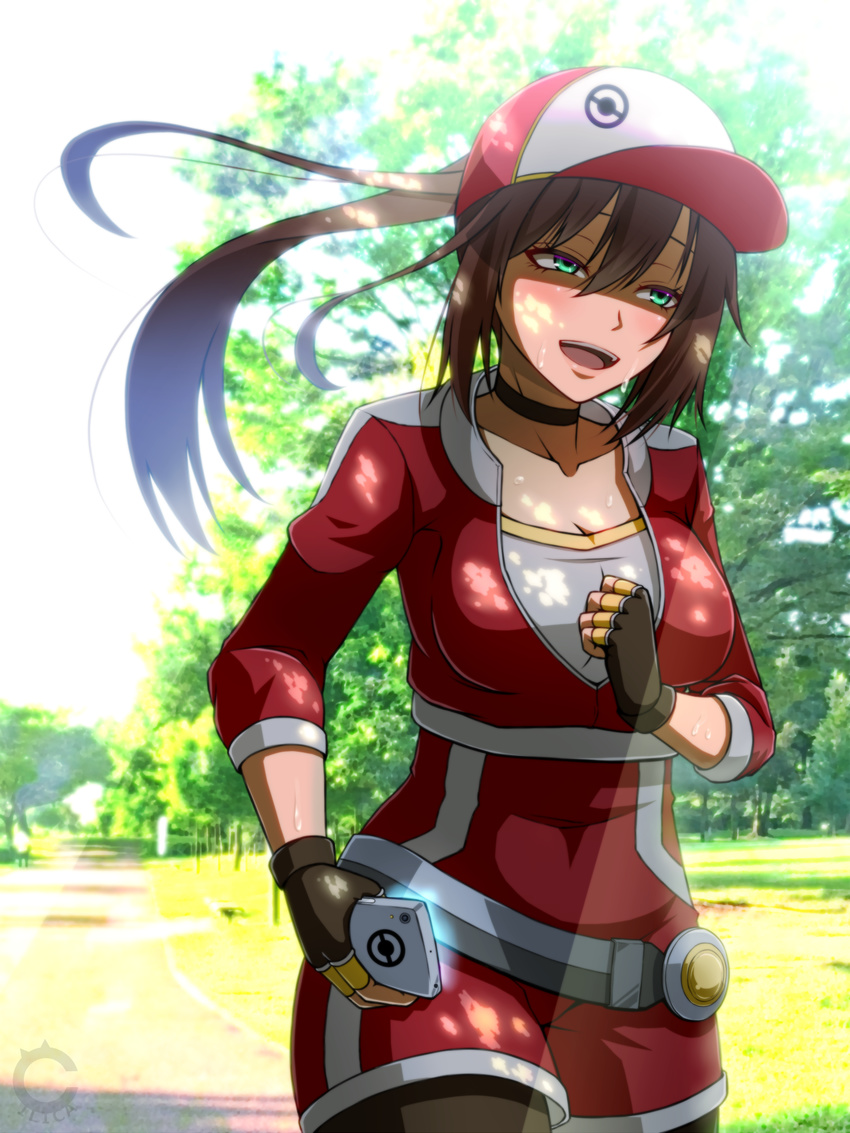 backpack bag baseball_cap belt brown_hair cellphone choker cilica cropped_jacket dappled_sunlight day female_protagonist_(pokemon_go) fingerless_gloves gloves green_eyes hair_between_eyes hat highres holding holding_phone hot leggings long_hair outdoors phone pokemon pokemon_go ponytail shade smartphone solo sunlight sweat tree tree_shade