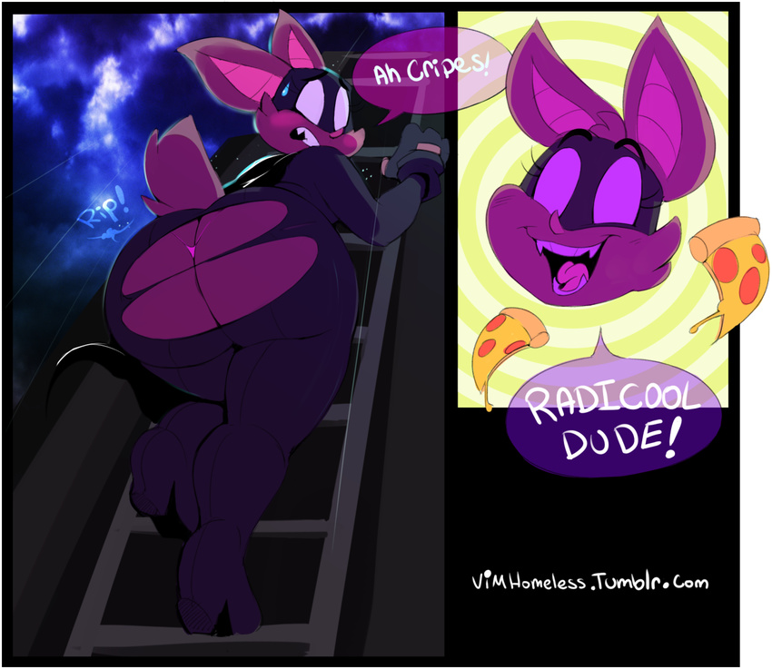 bat batgirl_(vimhomeless) big_butt blush butt cape clothing female fingerless_gloves food gloves ladder looking_at_viewer mammal pizza raining smile speech_bubble suit super_planet_dolan superhero sweat text underwear vampire_bat vimhomeless wardrobe_malfunction