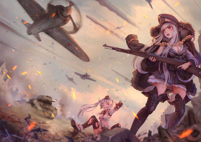 aircraft airplane artist_name barbed_wire battle belt black_footwear black_gloves black_legwear blood blurry bolt_action boots braid breasts buckle building cleavage coat cross crying crying_with_eyes_open depth_of_field dust_cloud flying fur_trim girls_frontline gloves grey_sky ground_vehicle gun hat highres holding holding_gun holding_weapon injury jay_xu kar98k_(girls_frontline) la-5 layered_skirt long_hair long_sleeves mauser_98 medium_breasts mg42_(girls_frontline) military military_hat military_vehicle motor_vehicle multiple_girls one_eye_closed open_mouth outdoors outstretched_arms peaked_cap propeller purple_eyes reaching_out red_eyes red_star rifle rubble silver_hair sitting skirt sky smoke soviet standing star t-34 tank tears teeth thigh_boots thighhighs tongue torn_clothes torn_legwear twintails war weapon white_skirt wince zettai_ryouiki